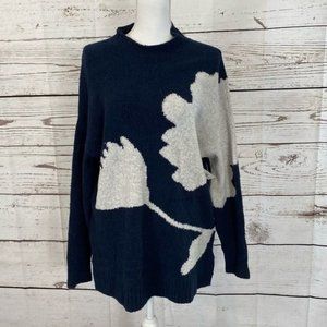 Navy and White Floral Intarsia Women's Sweater